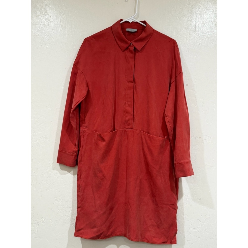 COS Red Lyocell Long Sleeve Shirt Dress Hidden Placket Tunic XS 0585601